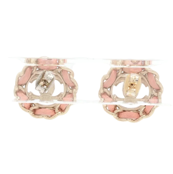 Pre-Owned Chanel 2022 Pink Leather Braided and Stone CC Mark Pierced Earrings CHA.J.1147