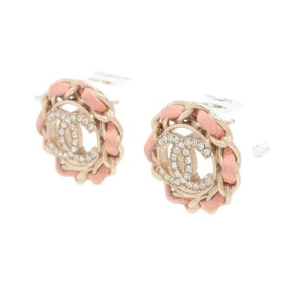 Pre-Owned Chanel 2022 Pink Leather Braided and Stone CC Mark Pierced Earrings CHA.J.1147