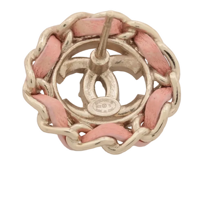 Pre-Owned Chanel 2022 Pink Leather Braided and Stone CC Mark Pierced Earrings CHA.J.1147