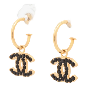 Pre-owned Chanel Black & Gold Stone 02 Swing Huggies Pierced Earrings CHA.J.1150