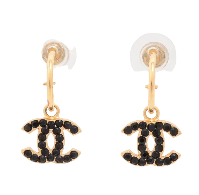 Pre-owned Chanel Black & Gold Stone 02 Swing Huggies Pierced Earrings CHA.J.1150