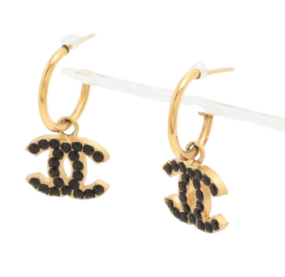 Pre-owned Chanel Black & Gold Stone 02 Swing Huggies Pierced Earrings CHA.J.1152