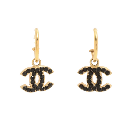 Pre-owned Chanel Black & Gold Stone 02 Swing Huggies Pierced Earrings CHA.J.1152