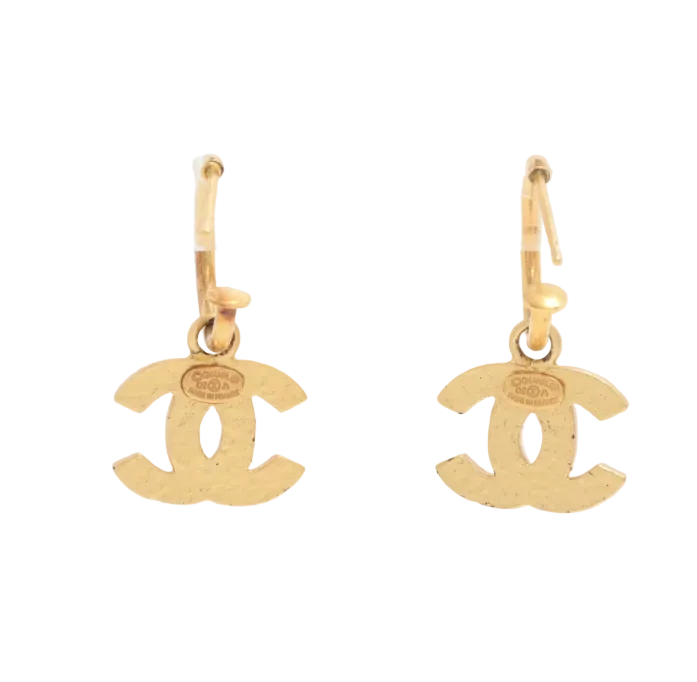 Pre-owned Chanel Black & Gold Stone 02 Swing Huggies Pierced Earrings CHA.J.1152