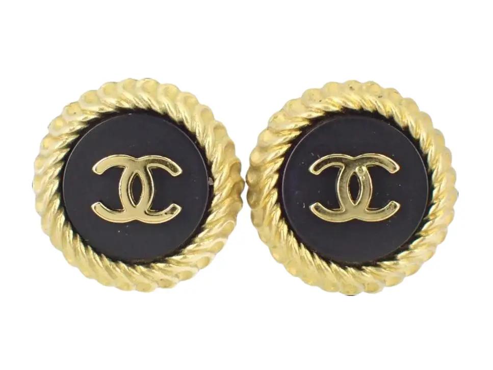 Pre-Owned Chanel Vintage Coco Mark Gold & Black Braid Edge 95' Clip On Earrings CHA.J.1131