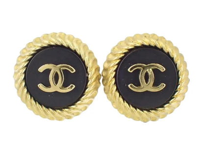 Pre-Owned Chanel Vintage Coco Mark Gold & Black Braid Edge 95' Clip On Earrings CHA.J.1131