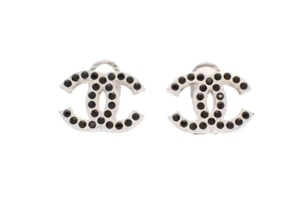 Pre-owned Chanel 02’ Silver & Black Stone Coco Mark Clip On Earrings CHA.J.1088